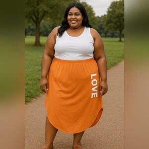Women Bold & Bright Plus Size "LOVE" Asymmetrical Orange Skirt